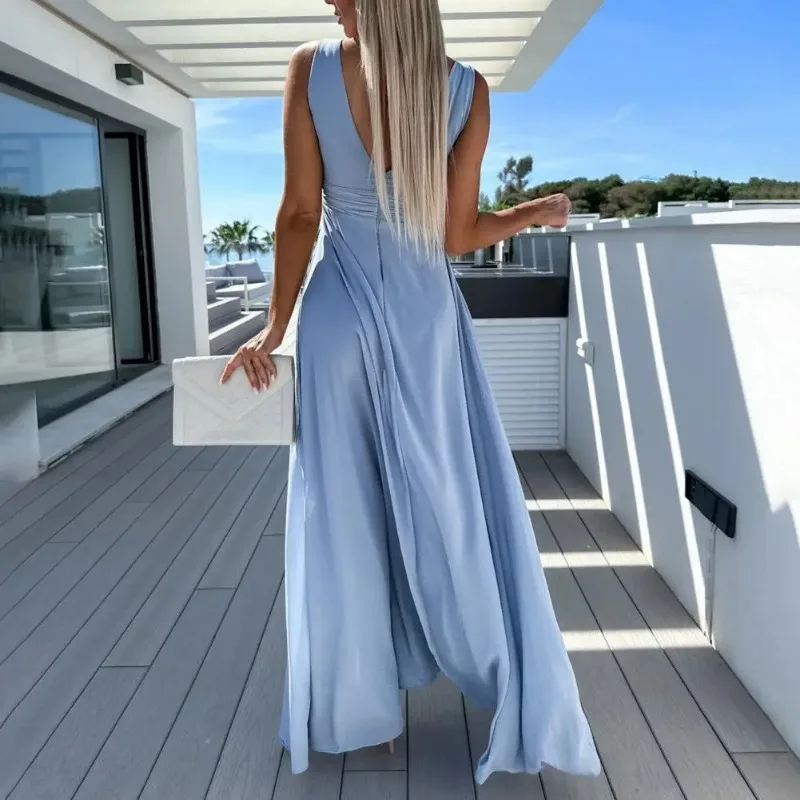 Sexy V-neck Women Prom Jumpsuit Solid Color Wide Leg Sleeveless Breathable High Waist Elegant Lady Playsuit Female Clothes OFE10