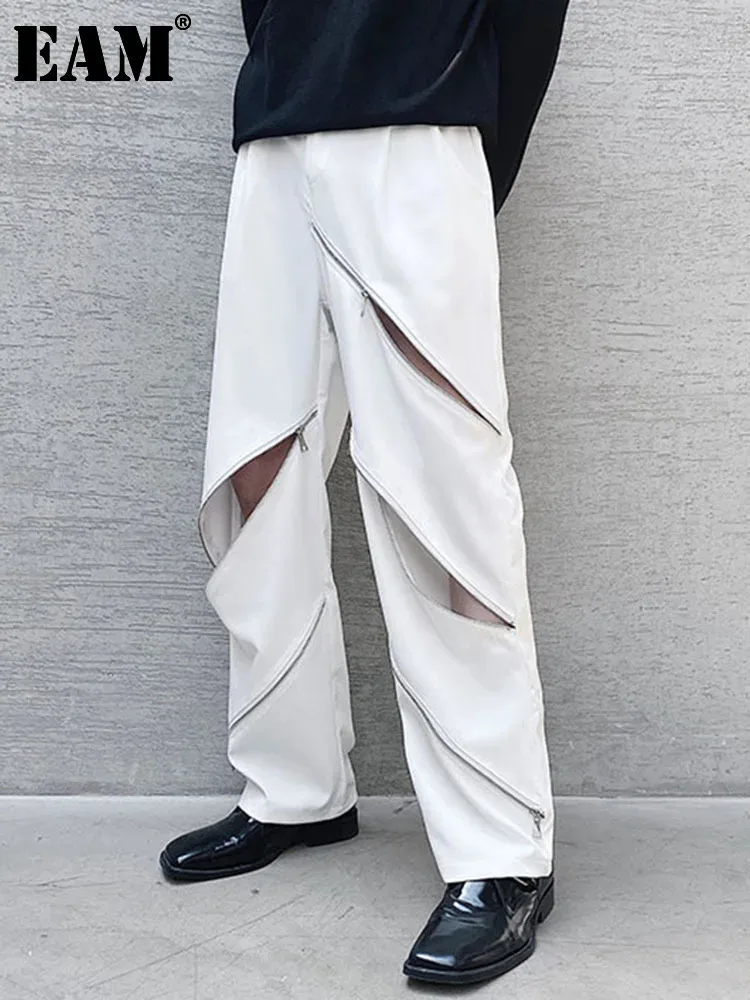 [EAM] 여성 하이웨이스트 화이트 지퍼 언밸런스 와이드 팬츠, 루즈핏 팬츠, 트렌디 용수철, 가을, 2024, 1DH1016, 신상 