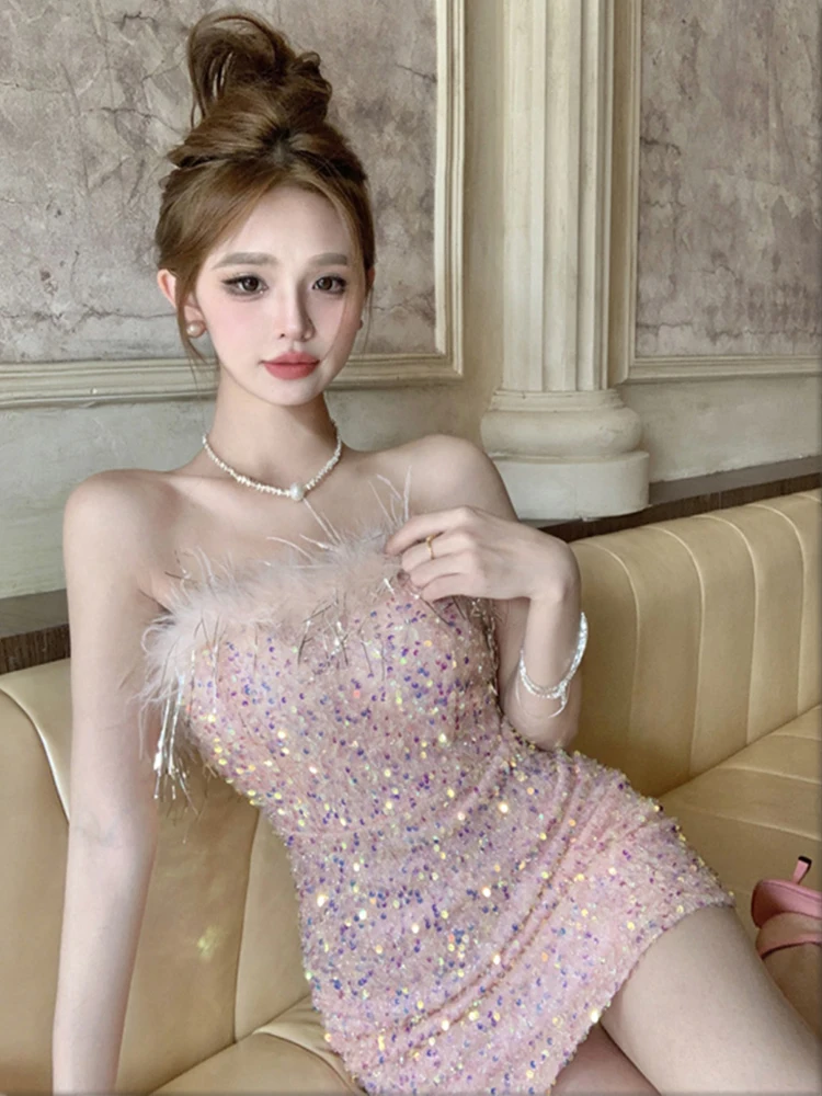 

Party Dress Women Sexy Slim Sequins Spliced Fur Strapless Dresses Spring Summer Sleeveless Fashion Vestidos