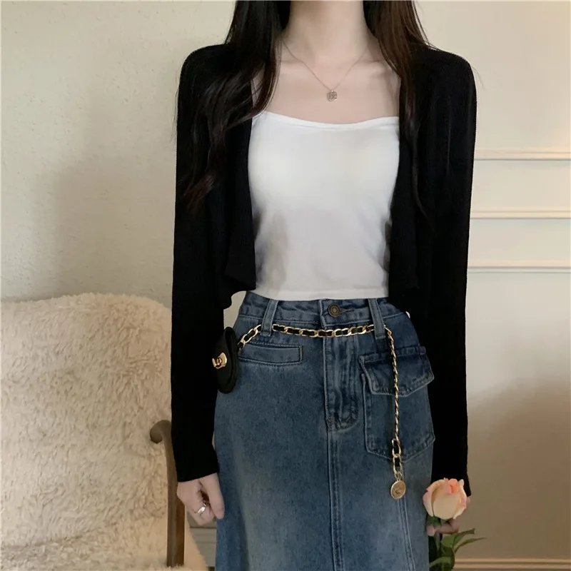 Women Long Sleeve Knitted Cropped Cardigan Sweater