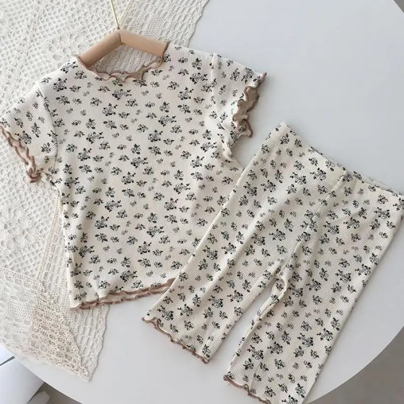 Kids Clothing Set Girls Clothing Set Nightgown Floral Suit Baby Full Printed T-shirts Summer 2pcs Toddler Girls Trendy Short Sleeve Pajamas Set Home Wear