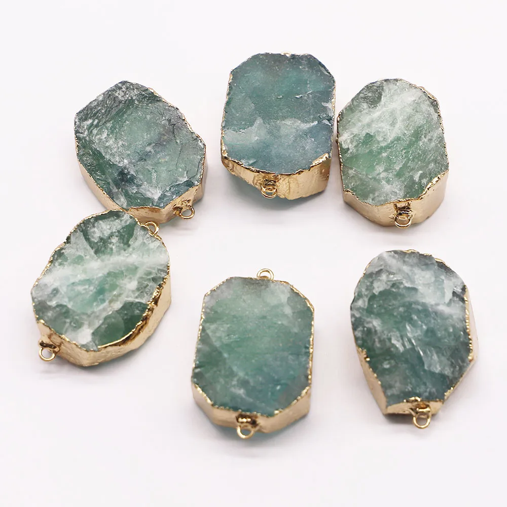 New Natural Fluorite Stone Oval Slice Pendants Connector Mineral Healing Gold Plated Edge Necklace Charms Jewelry Wholesale 4Pcs