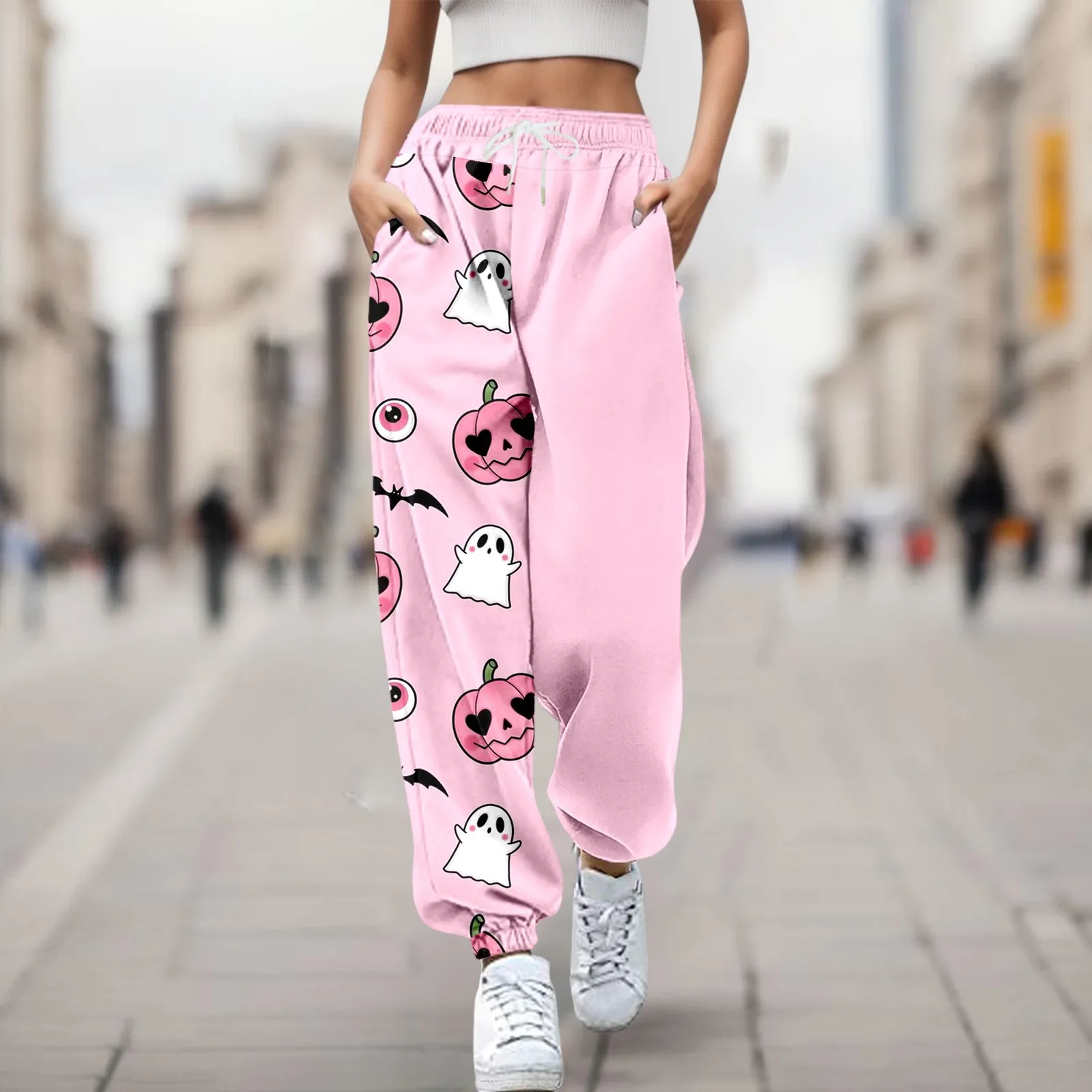

Pink Wide Leg Trousers Women Halloween Cute Ghost Spider Sweatpants Sporty Ghost Pantalone Kawaii Female Ghost Tights Legging