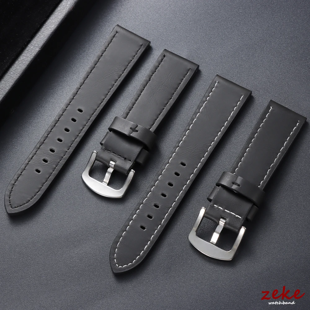 Stitched Brown Genuine Leather Sports Watch Band with Steel Clasp