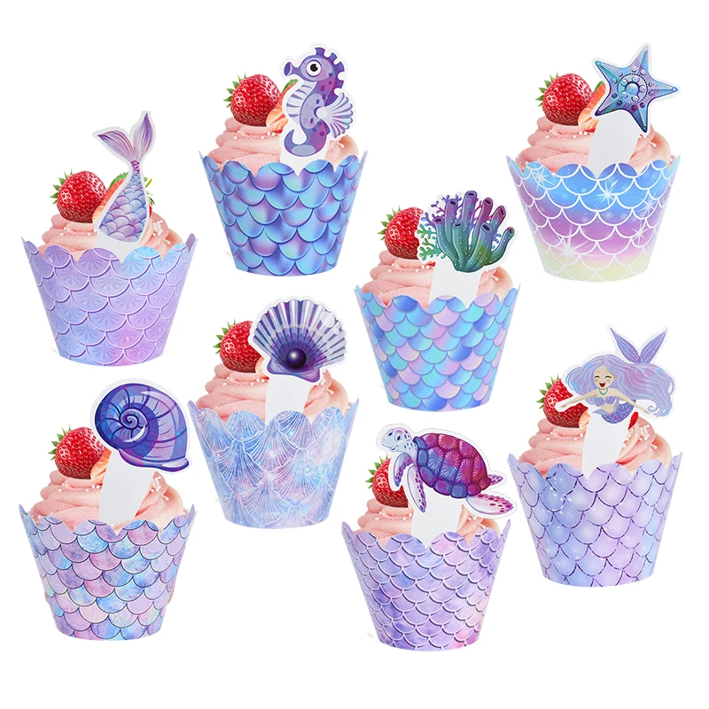 

16Pcs Mermaid Cupcake Toppers And Wrappers Mermaid Theme Decoration Under The Sea Theme Baby Shower Birthday Party Cake Supplies