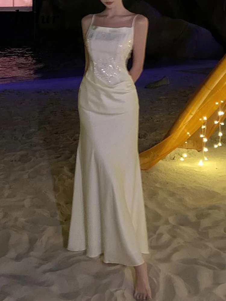 

Jielur Женское облегающее платье белое пляжное элегантное однотонное платье во французском стиле с воротником-лодочкой, модное шикарное женское вечернее платье