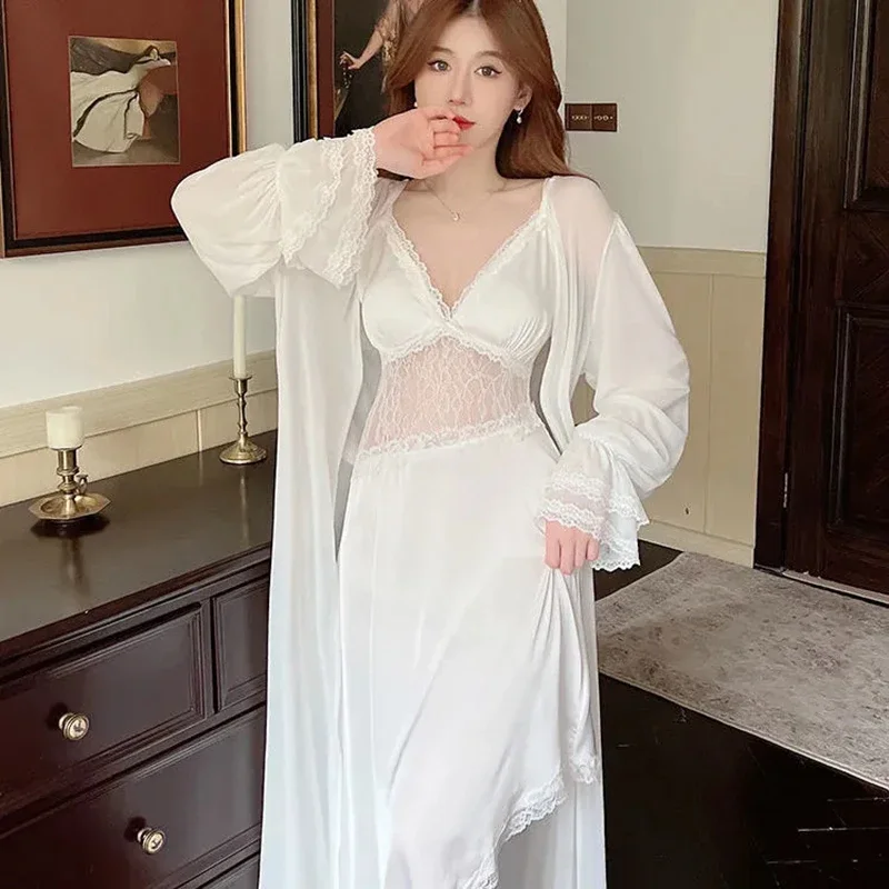 

Женская пижама сексуальная ночная рубашка с длинным рукавом Кружевной Край халат Сексуальная женская ночная рубашка Новый ажурный дизайн слинг одежда для сна комплект из 2 предметов