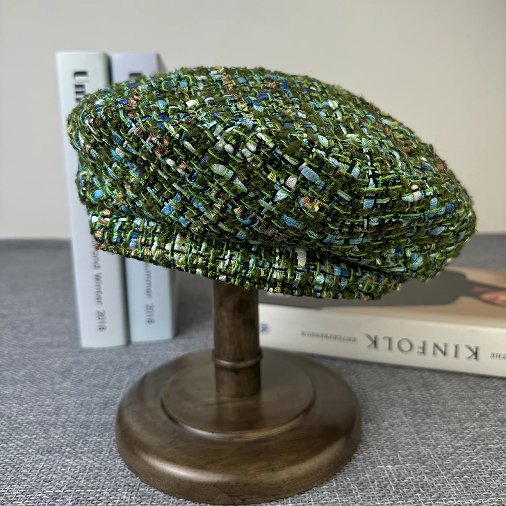 Children Beret Vintage Wool Berets Green Plaid Autumn Winter French Octagonal Peaked Hats Painter Hat Street Military Women Girl