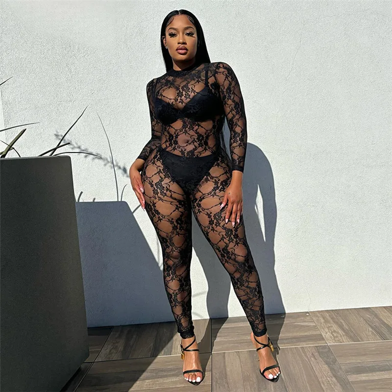 

Sexy Lace See Through Women Skinny Jumpsuits Solid Long Sleeve Mock Neck Rompers 2024 Spring Night Club Party One Piece Overalls