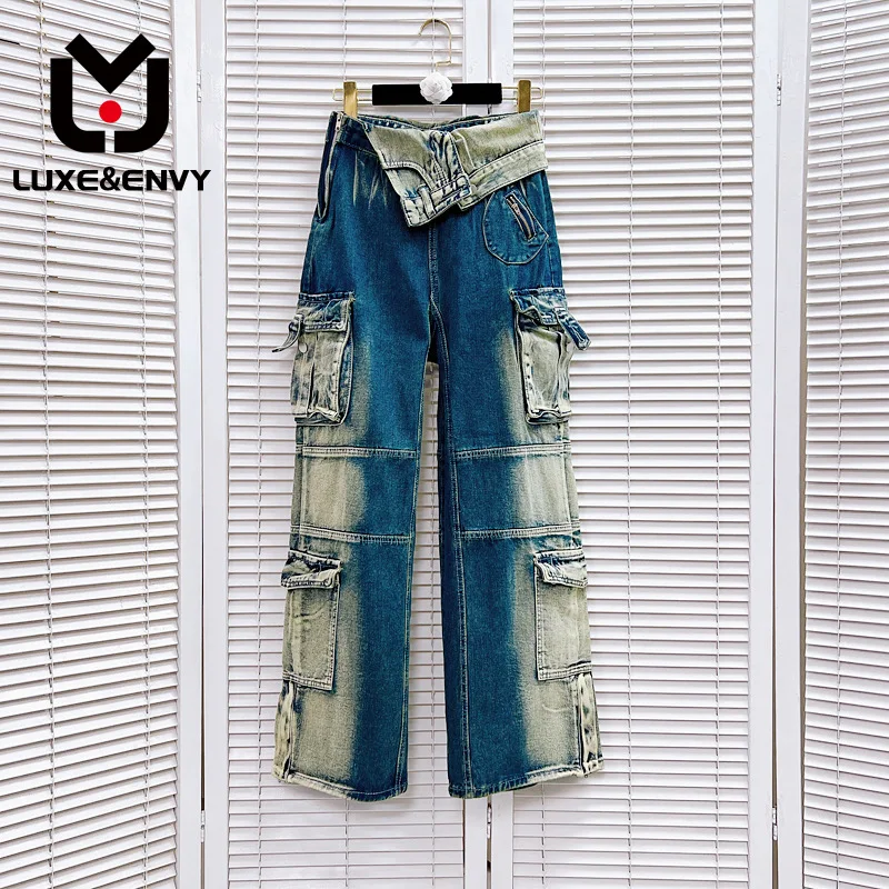 

LUXE&ENVY Fade Color Worn Multi Pocket Jeans High Waist Irregular Workwear Pants 2023 Autumn