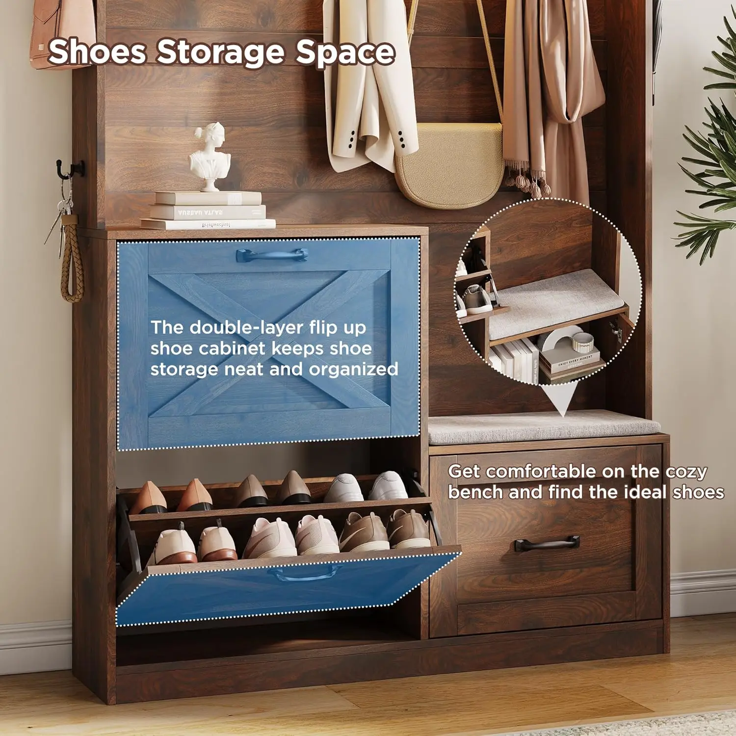 LED Hall Tree with Bench & Storage 4
