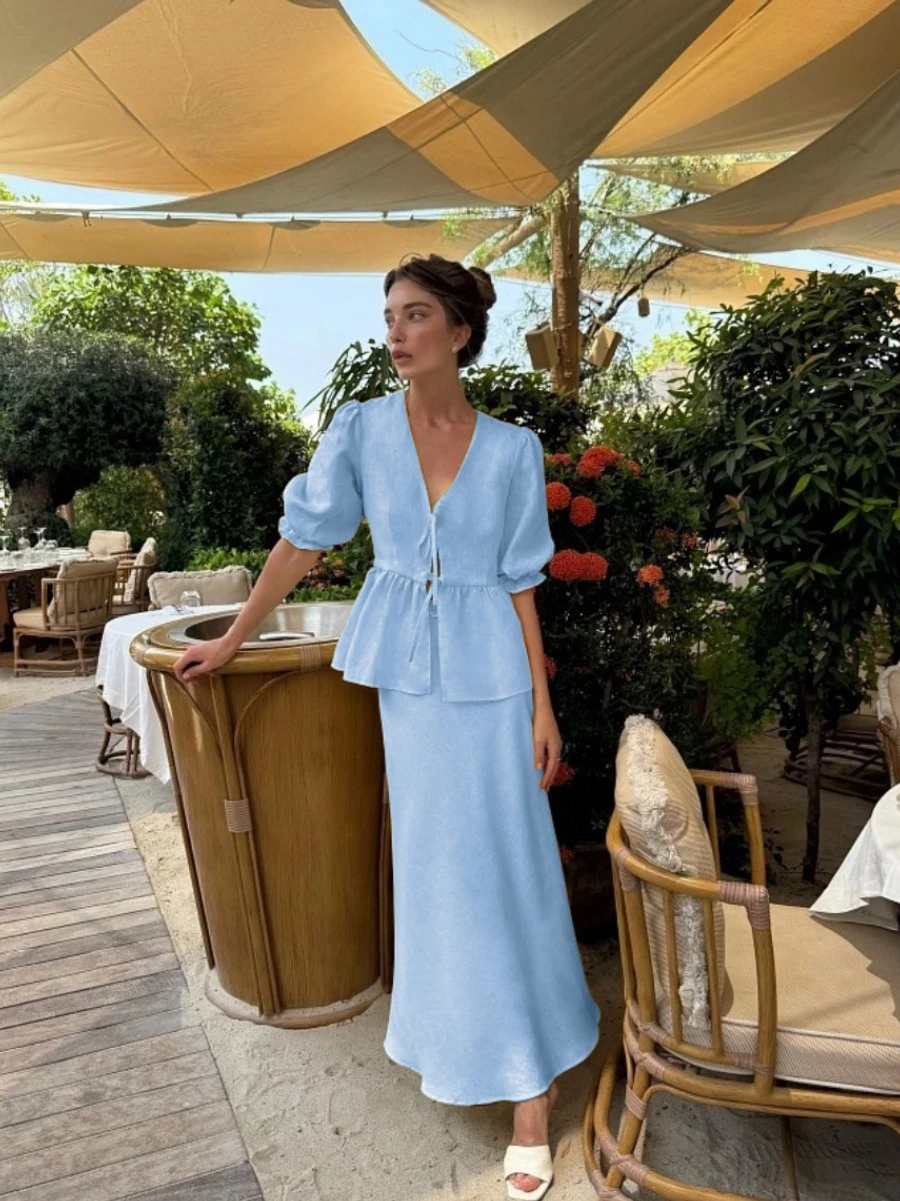 Blubelle 2025 Summer Women's 100% Cotton V-Neck Lace-Up Bubble Sleeve Shirt  Long Skirt Set Loose Casual Two-Piece Suit