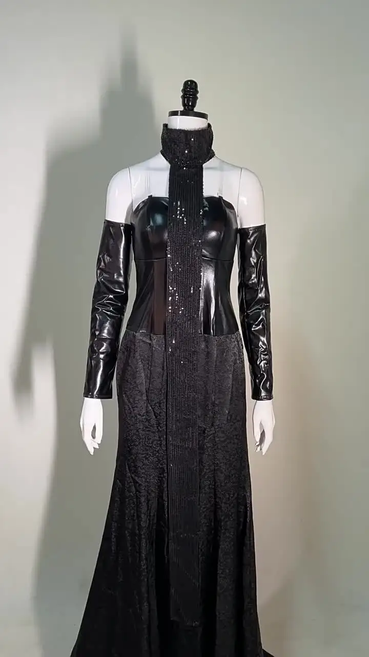 black and gold cocktail dresses Chic Black Long Gold Lace Embellished Velvet İllusion Neck Evening Prom Dress 42