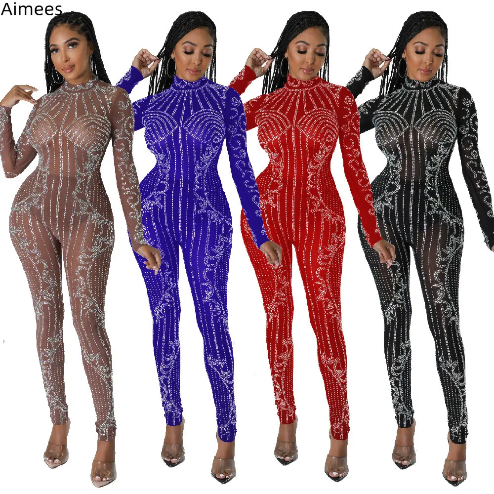 

Luxury Crystals Women Party Jumpsuit High Neck Long Sleeves See Through Mesh Sexy Nightclub Rompers Fashion Bodysuit