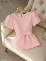Office Women Blouse ZANZEA Summer Elegant Puff Sleeve Slim Fit Tops Tunic Stylish OL Work Shirt Fashion Lace -Up Holiday Blusas