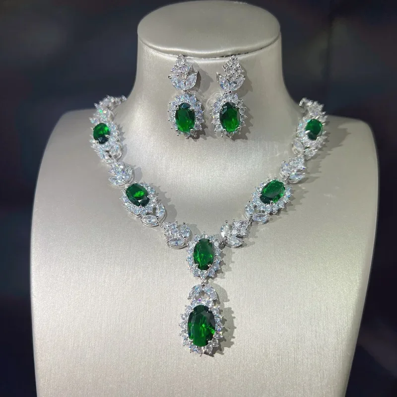 

Vintage Lab Emerald Diamond Jewelry set 925 Sterling Silver Wedding Necklace Earrings For Women Bridal Engagement Jewelry Gift