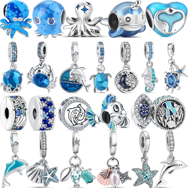 

925 Silver Murano Glass Blue Octopus Crab Dolphin Starfish Shell Sea Clip Bead Fit Original Pandora Charm Bracelet Women Jewelry