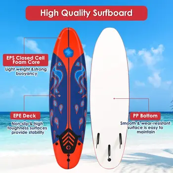 Surfboard, 6 Ft Stand Up Surfing Board with 3 Detachable Fins, Safety Leash, Non-Slip Lightweight Foam Surfboard 2