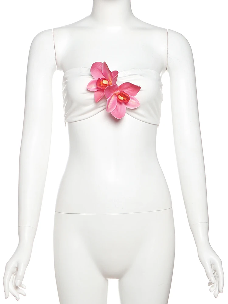 Nibber Pretty Women Two-Piece Set 3d Flowers Bandeau Mini Top+See Through Print Bottoms Thin Vacation Beach Party Matching Suits