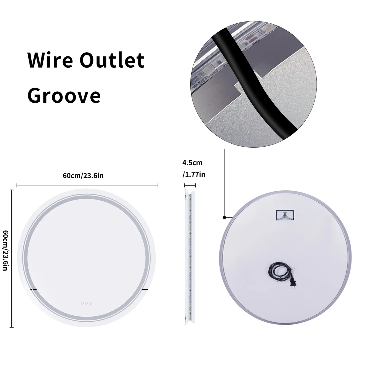 600mm LED Round Wall Mounted Vanity Mirror with Demister Pad Smart Touch Sensor Memory Function Backlit Front Lighted 3 Colors — view 5