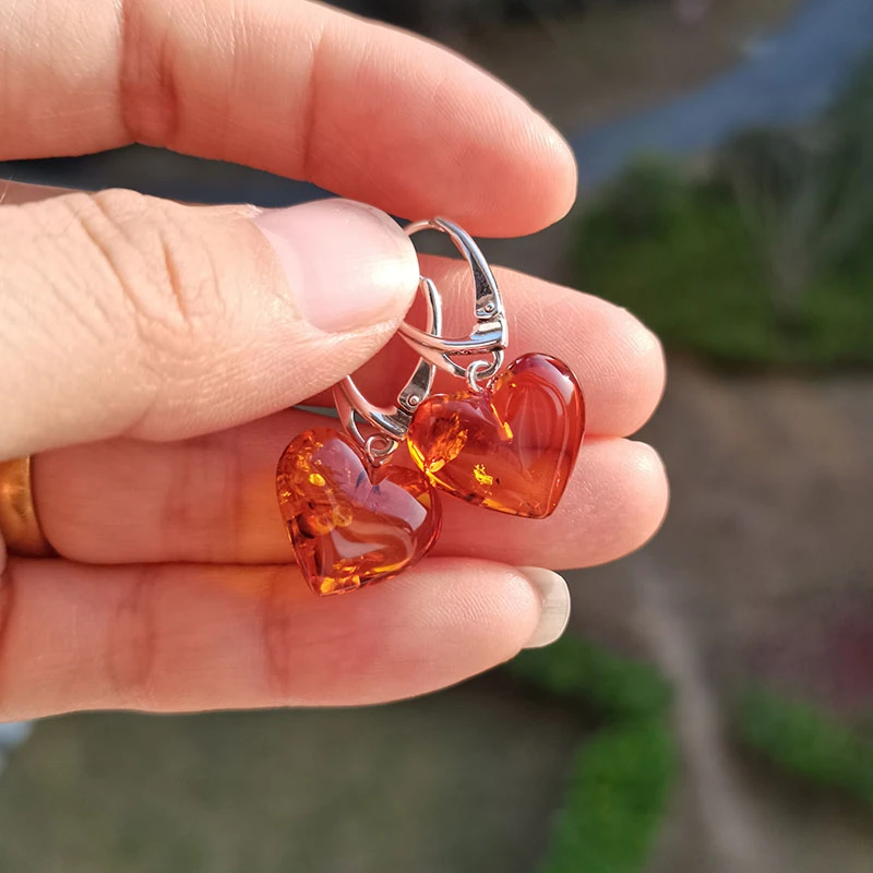 Yoowei pendientes ámbar Natural mujer, joyería auténtica plata S925 con forma de corazón estampado, joyería 100% auténtica Ambar|Pendientes| - AliExpress