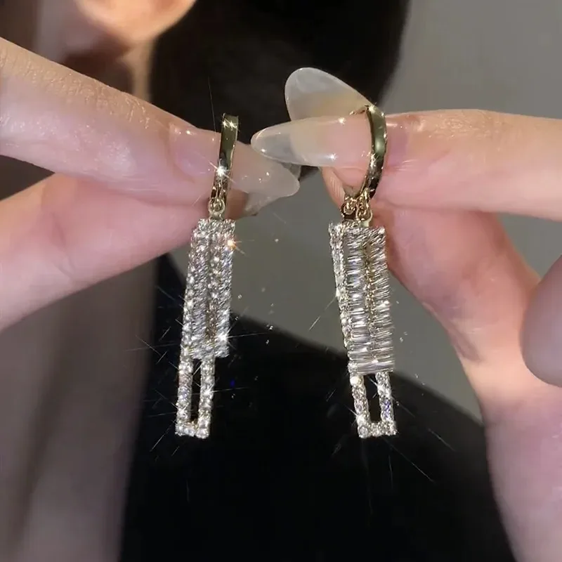 Rectangular Ear Buckle Hoop Earrings Vintage Geometry Square Set Zircon Golden Tassel Earrings Fashion Accessories Jewelry Gifts
