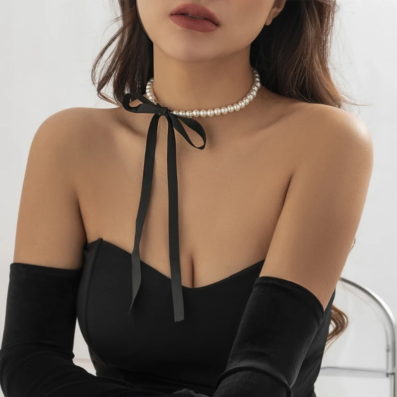 

2024 New Women Imitation Pearl Choker Necklace Fashion Lace Up Necklace All-matching Choker Collar French-Palace Necklace