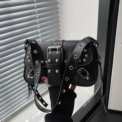 Women's Pink Crescent Shoulder Bag - PU Leather with Rivet Accents, Trendy Y2K Style (Black)