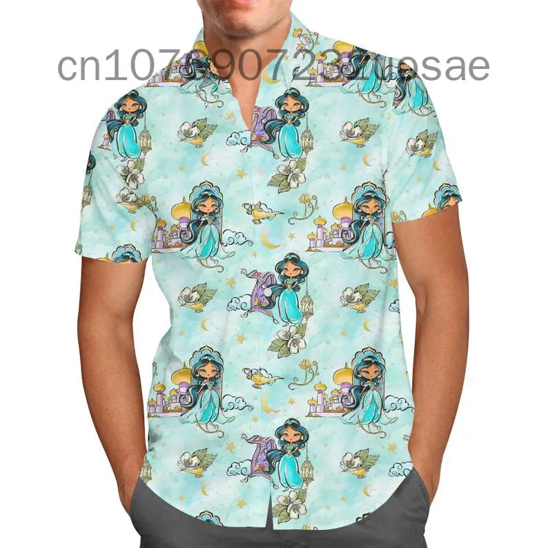 

2024 New Aladdin and Jasmine Princess Hawaiian Shirt Men's Women's kids Short Sleeve Shirts Disney Hawaiian Shirts