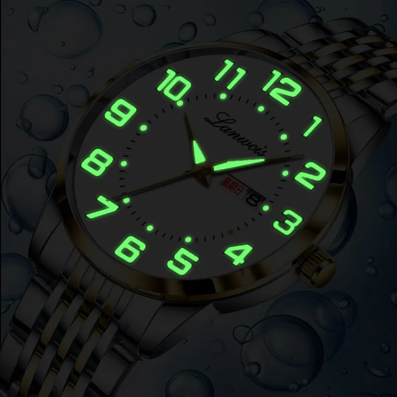 Men's Large Dial Gold Black Waterproof Digital Watch with Solid Steel Strap and Dual Calendar