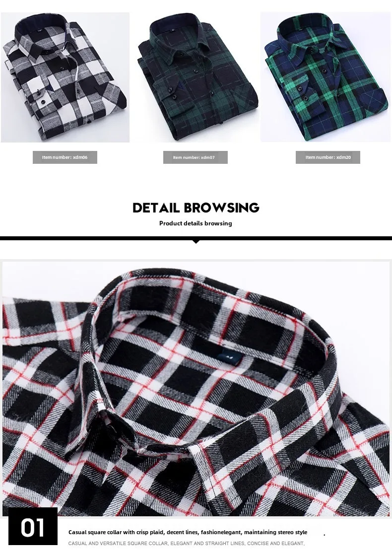 Neues Herren-Langarmhemd aus Bodenwolle, kariert, lässig, bequem, weich, Frühlings- und Herbsttrend, Straße, alles hohe Qualität – Detail 9