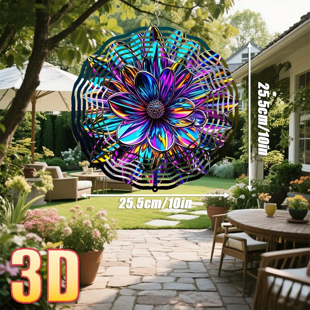 정원용 3D 금속 꽃 모양 바람개비, 10인치 무지개색 야외 바람개비(회전 고리 포함), 360도 회전 ° 창의적인 바람개비