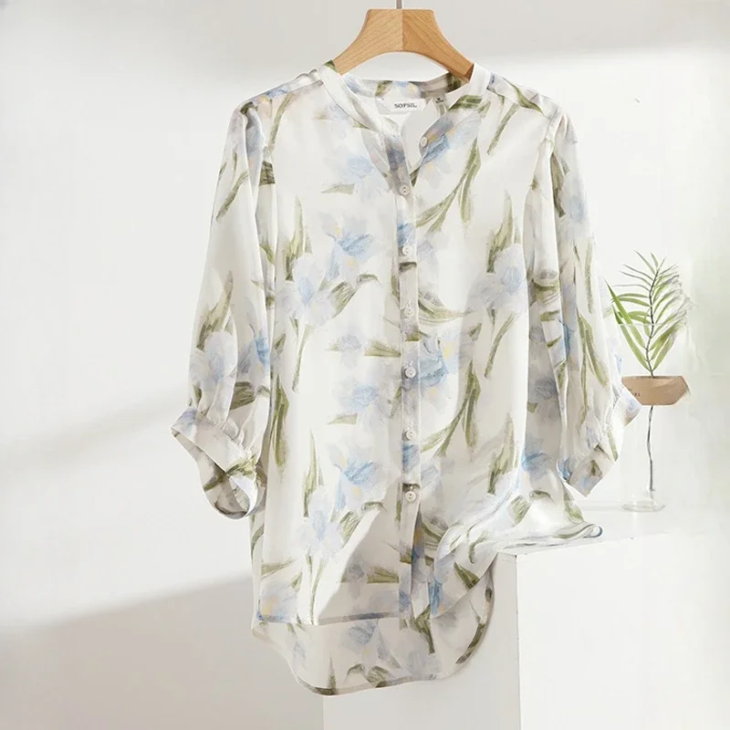 

Chiffon Women's Shirt Summer Vintage Prints Blouses Loose Short Sleeves Floral Women Tops O-neck Elegant Clothing YCMYUNYAN