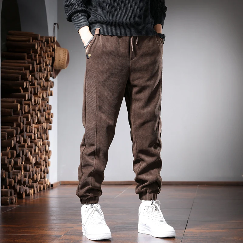 Autumn Men's Loose Corduroy Pants Casual Korean Style Black Gray Elastic Waist Joggers Trousers