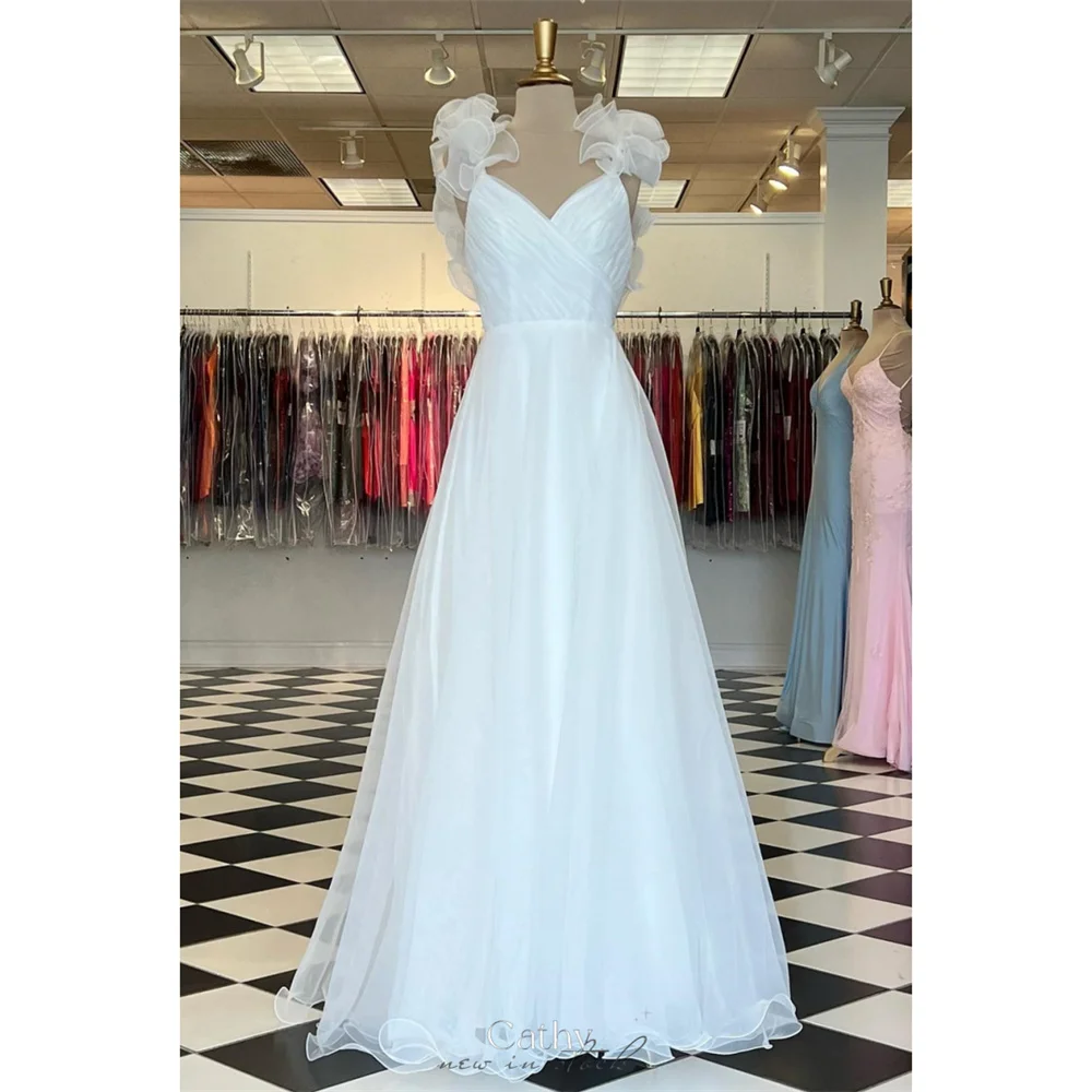 

Cathy White V-neck Prom Dresses Tulle A-line vestidos de noche Elegant Sleeveless Floor-Length Backless Formal Evening 2024