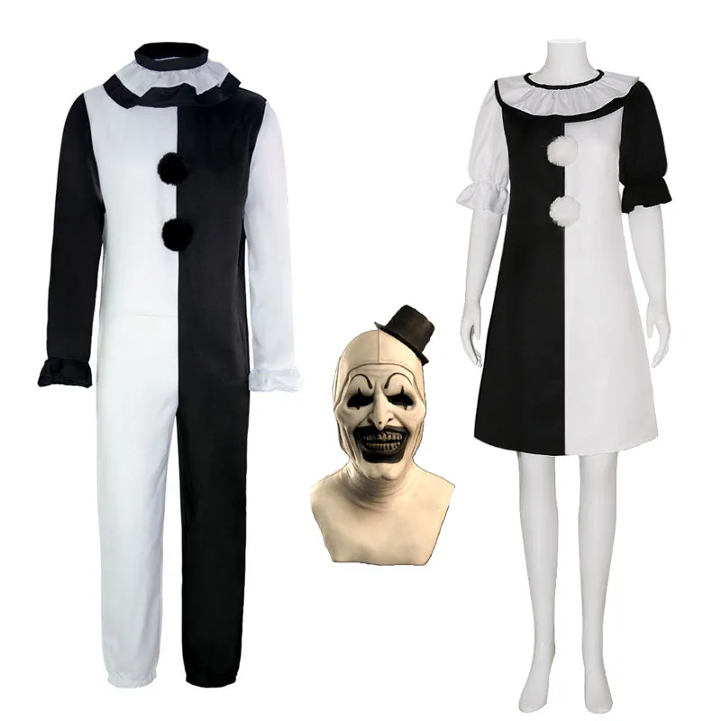 

Terrifier Art Clown Joker Cosplay Costume Jumpsuit Mask Fancy Dress Up Horror Outfits Women Men Halloween Carnival Party Suit