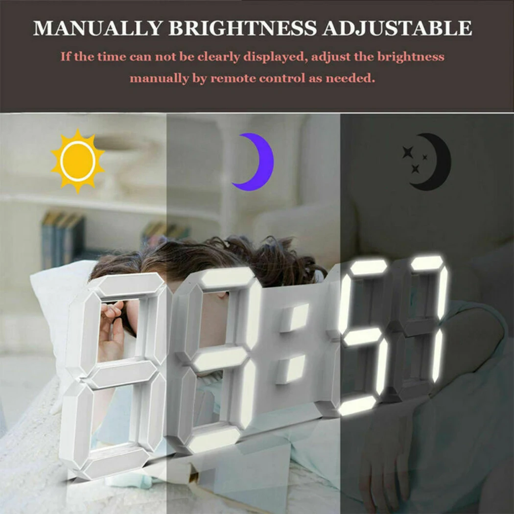 Wall Clock 3D LED Digital 24/12 Hour Display Timer Alarm Home USB Plug In