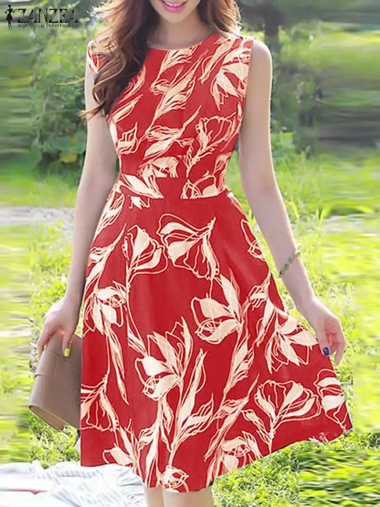 

ZANZEA Fashion O-neck Sleeveless Robe Women Knee-Length Dresses Bohemian 2023 Summer Tank Vestidos Cinched Waist Floral Sundress