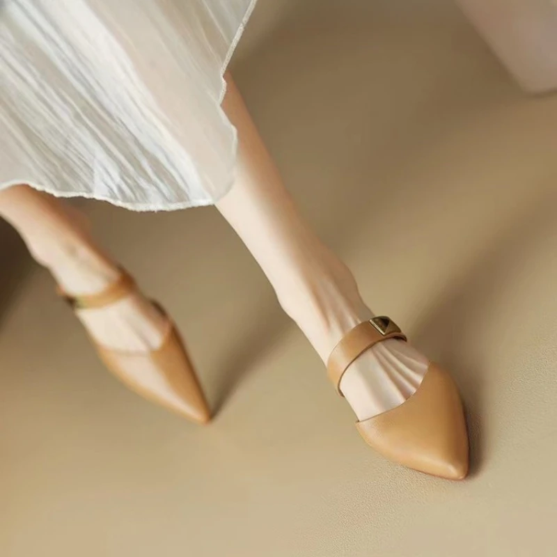 Women Kitten Heels Mules Golden Rivet Pointed Toe Summer Sandals Fashion Beige Ladies Casual Med Heels  Luxury Shoes 3