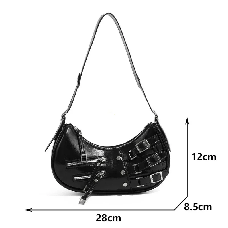 New Fashion PU Leather Underarm Bags for Women Pleated Design Cool American Motorcycle Bag Vintage Y2K Ladies Shoulder Bag