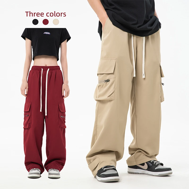 

Брюки-карго в стиле Харадзюку для мужчин и женщин, свободные повседневные штаны с широкими штанинами, на шнуровке, с эластичным поясом, винтажные брюки в стиле хип-хоп, большие размеры, красные