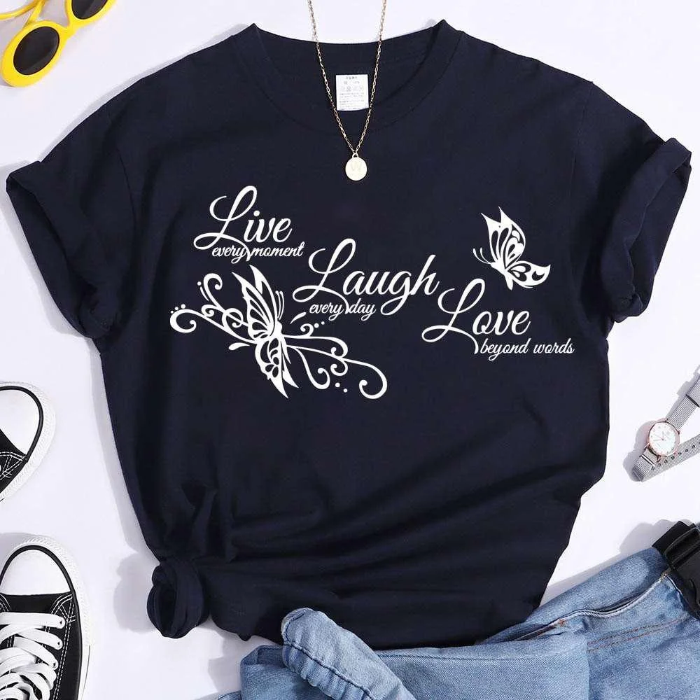 Schmetterling Live Laugh Love Print Sommer Casual T-shirts Für Frauen Kreative O Hals Kurzen ärmeln T-shirts Mode Damen T-shirt – Detail 3