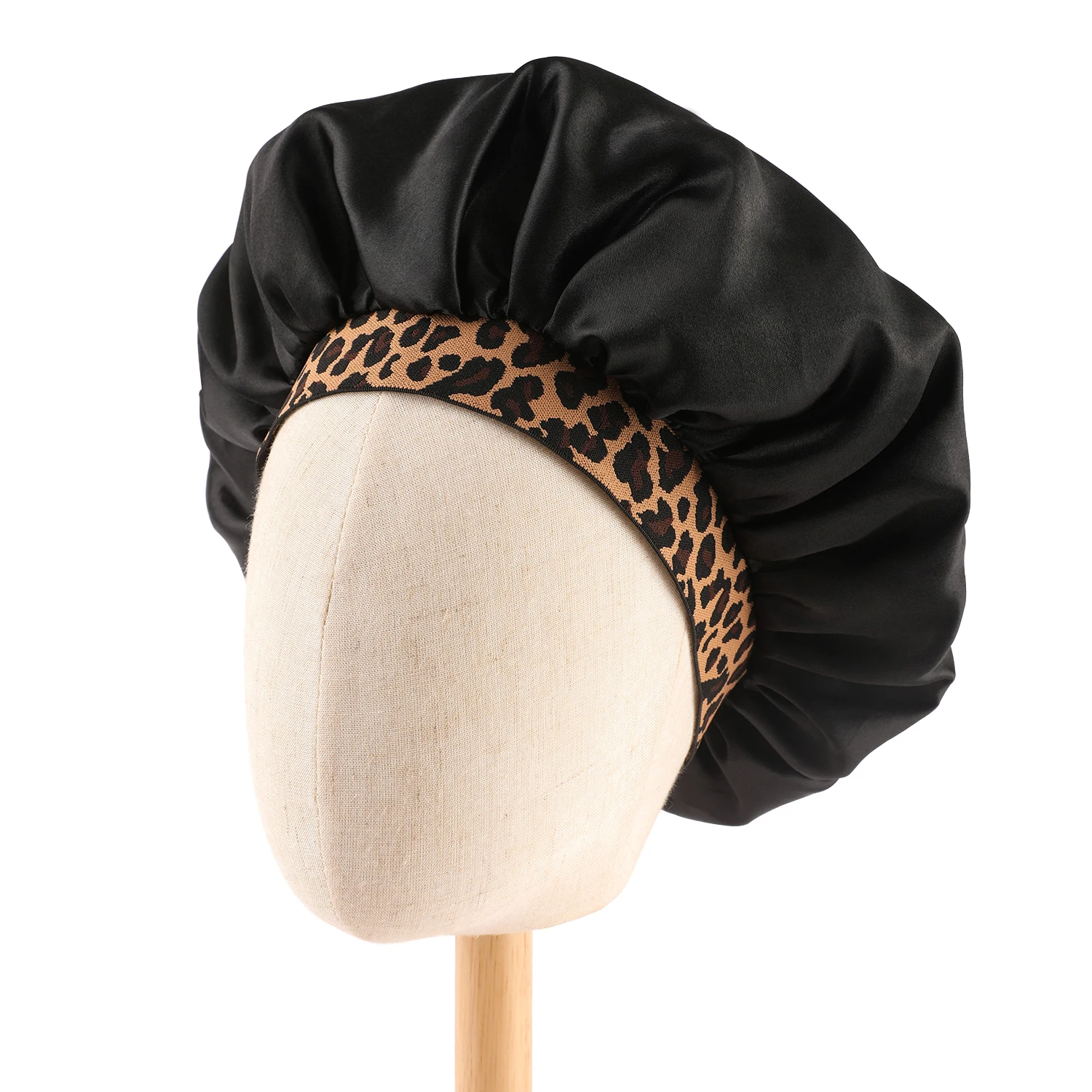 2024 New Fashion Satin Sleeping Hat Night Sleep Hair Care Bonnet Nightcap Popular Leopard Silk Wide-Brimmed Shower Cap 5