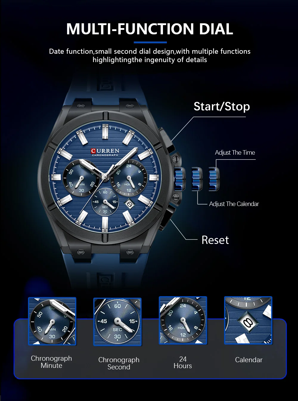 CURREN Moder Design 43mm Watch for Men with 3 Sub-Dials Quartz Movement Casaul Silicone Strap Wristwatch Luminous Hands and Date