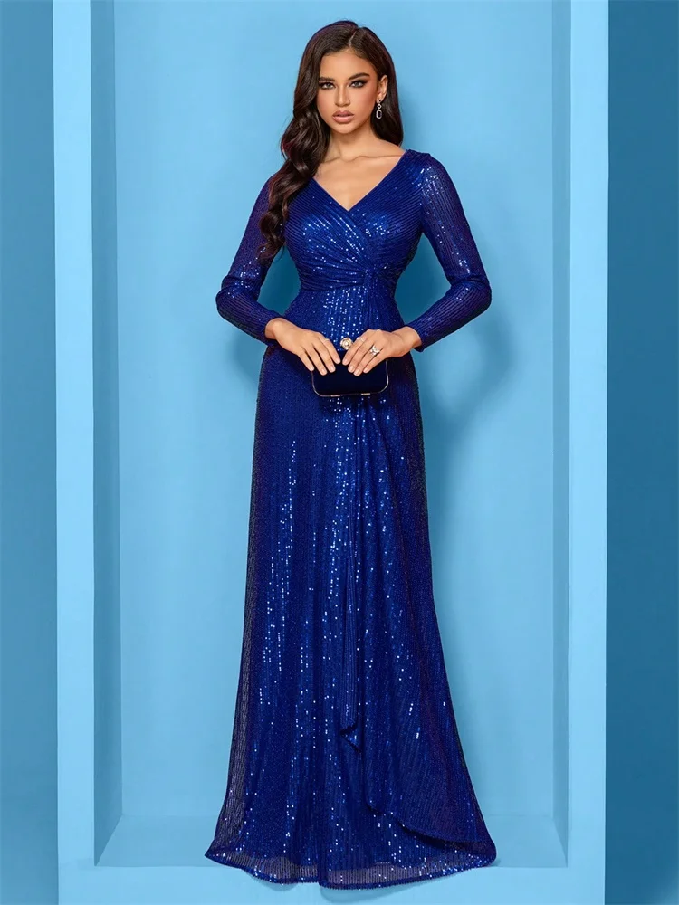 Luxury Blue Evening Dresses Women Elegant 2025 Long Sleeve Mermaid Formal Sequins Prom Wedding Party Cocktail Graduation Gowns 4