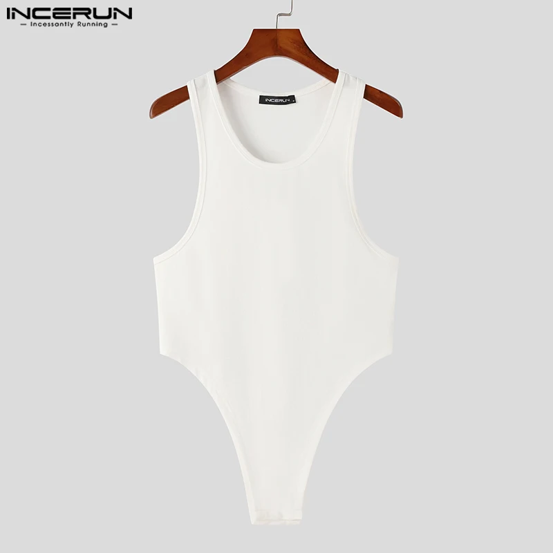 Men Bodysuits Pajamas Solid Color O-neck Sleeveless Fitness Rompers Streetwewar Sexy Tank Tops S-5XL INCERUN men bodysuits men jumpsuits