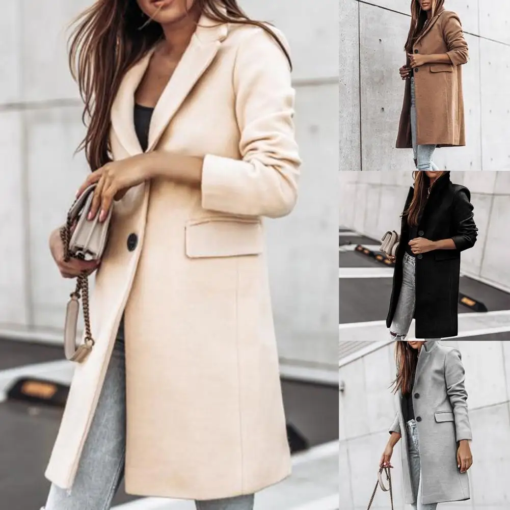 

Trendy Jacket Overcoat Thick Long Sleeve Warm Solid Color Flap Pockets Winter Coat Women Coat Single Breasted