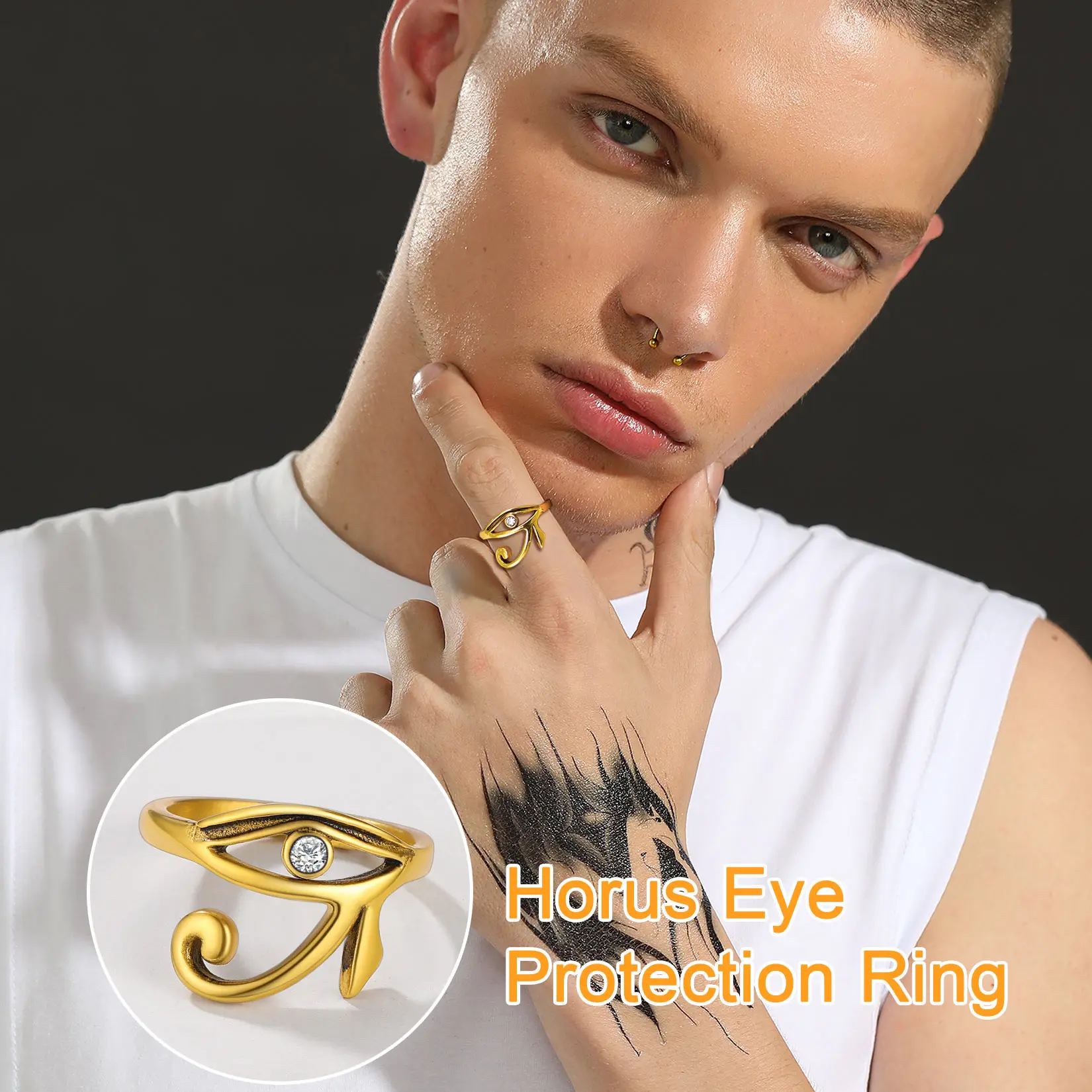 U7 CZ Stainless Steel Eye of Horus Ring Black Gold Color Ancient Egyptian Protection Amulet Jewelry Mens Signet Size 7 To 14 - Image 2