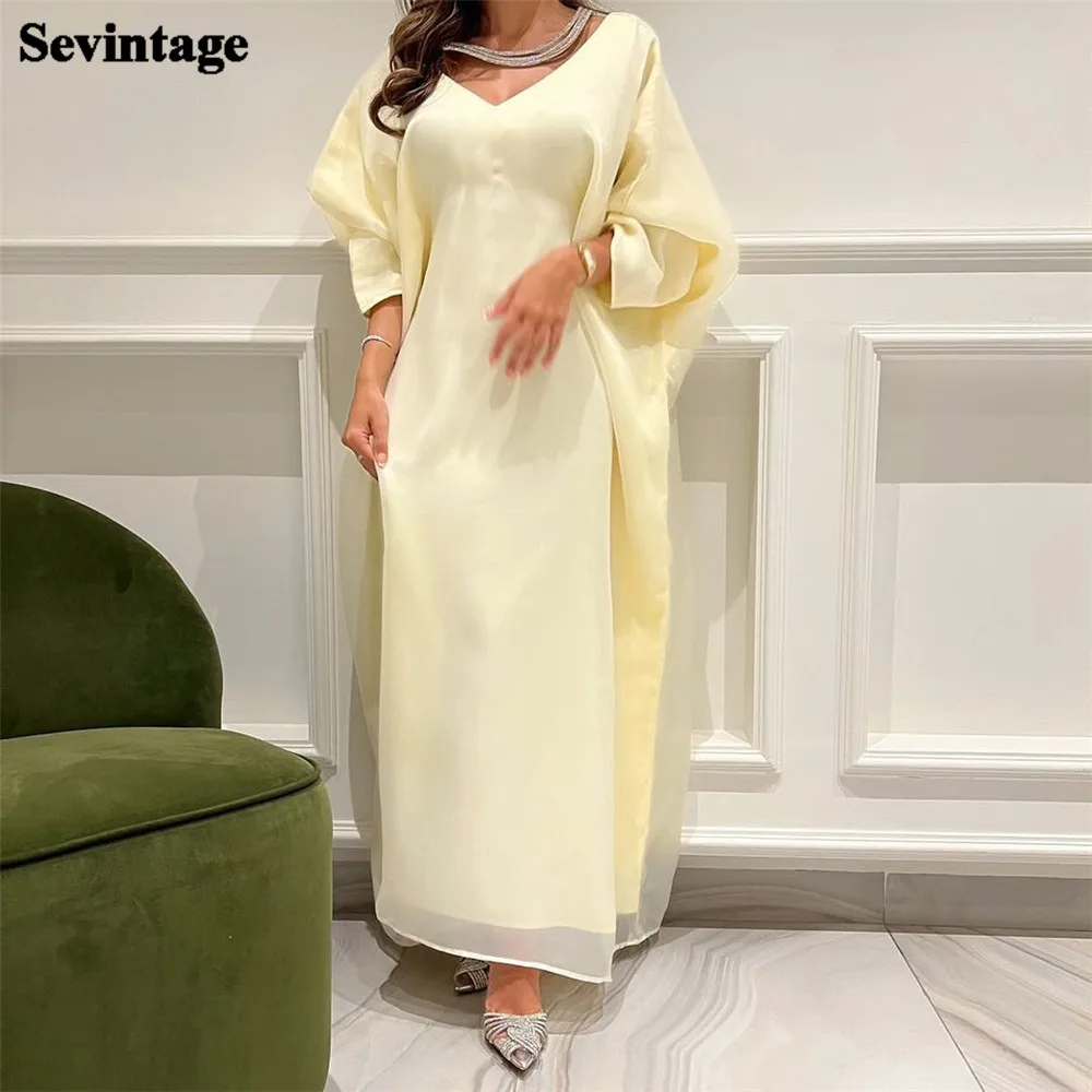 

Sevintage Simple Faint Yellow Saudi Arabic Prom Dresses V Neck Tea Length Long Sleeves Evening Gowns Formal Party Dress 2023