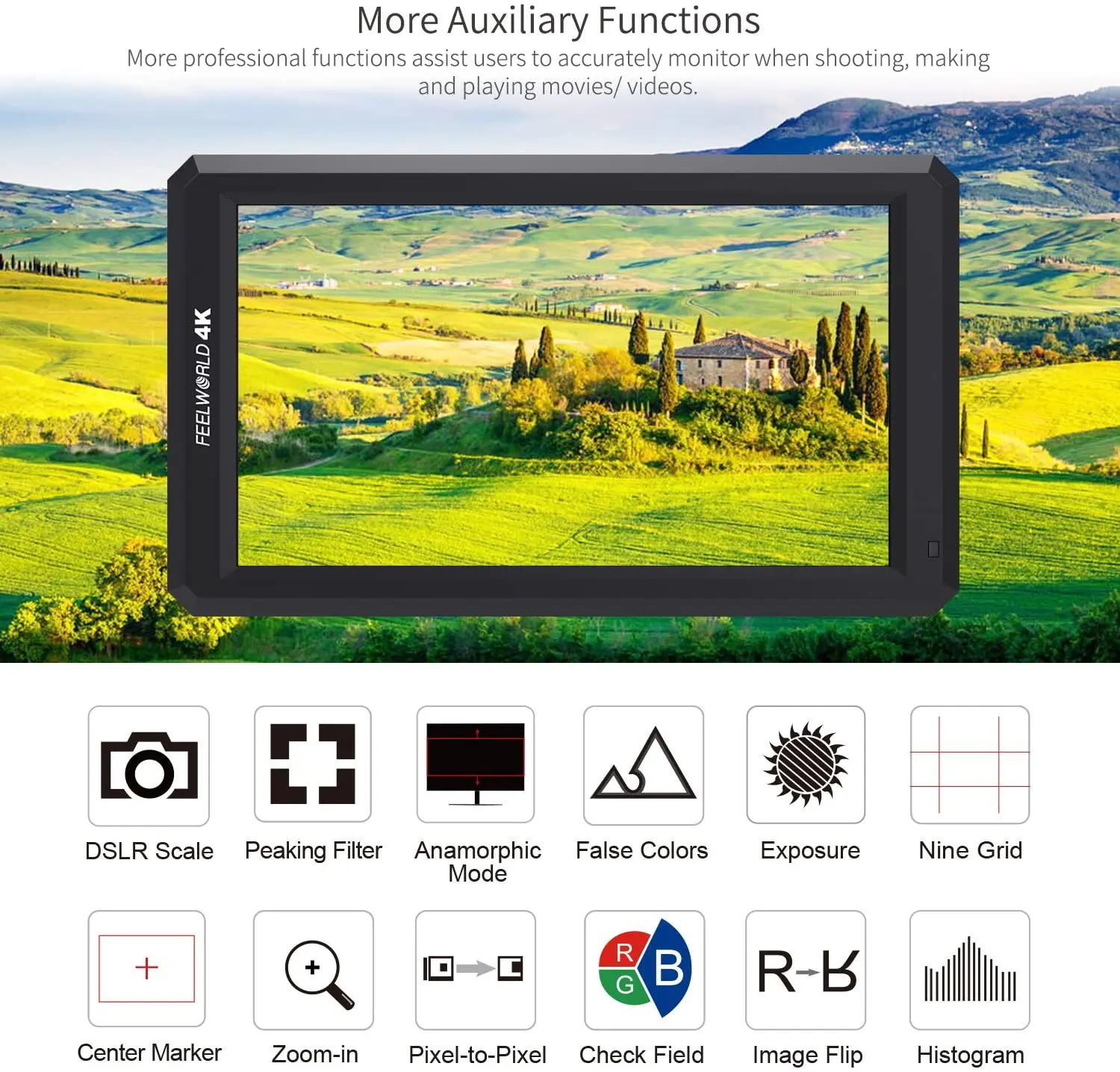 FEELWORLD F6 5.7 Inch FHD IPS On Camera 4K HDMI Monitor with Swivel Arm and 8V DC Power Output with Battery and Carry Bag